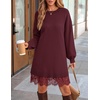 ZESICA Women’s Fall Striped Lace Trim Oversized Knit Sweater Dress(Burgundy)