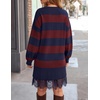 ZESICA Women’s Fall Striped Lace Trim Oversized Knit Sweater Dress(Dark Blue)