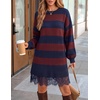 ZESICA Women’s Fall Striped Lace Trim Oversized Knit Sweater Dress(Dark Blue)