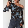 ZESICA Women’s Floral Off Shoulder Fall Long Sleeve Y2K Going Out Work Tops(Coffee Blue)