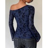 ZESICA Women’s Floral Off Shoulder Fall Long Sleeve Y2K Going Out Work Tops(Dark Blue)