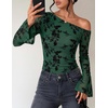 ZESICA Women’s Floral Off Shoulder Fall Long Sleeve Y2K Going Out Work Tops(Dark Green)