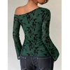 ZESICA Women’s Floral Off Shoulder Fall Long Sleeve Y2K Going Out Work Tops(Dark Green)