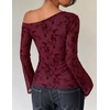 ZESICA Women’s Floral Off Shoulder Fall Long Sleeve Y2K Going Out Work Tops(Dark Red)