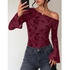 ZESICA Women’s Floral Off Shoulder Fall Long Sleeve Y2K Going Out Work Tops(Dark Red)