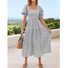 ZESICA Women’s Summer Boho Gingham Puff Sleeve Square Neck Beach Midi Dress(Grey)
