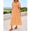 ZESICA Women’s Summer Boho Gingham Puff Sleeve Square Neck Beach Midi Dress(Orange)