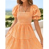 ZESICA Women’s Summer Boho Gingham Puff Sleeve Square Neck Beach Midi Dress(Orange)