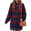 ZESICA Women’s Fall Striped Lace Trim Oversized Knit Sweater Dress(Dark Blue)