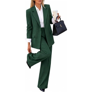 ZESICA Women’s 2 Piece Striped Suit Sets Business Casual Outfits(Darkgreen)