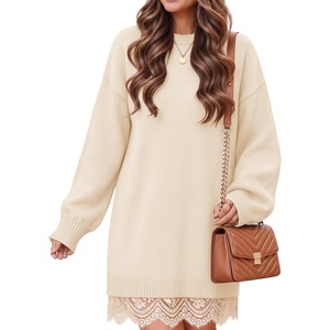 ZESICA Women’s Fall Striped Lace Trim Oversized Knit Sweater Dress(Apricot)