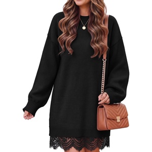 ZESICA Women’s Fall Striped Lace Trim Oversized Knit Sweater Dress(Black)