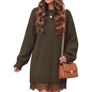 ZESICA Women’s Fall Striped Lace Trim Oversized Knit Sweater Dress(Brown)