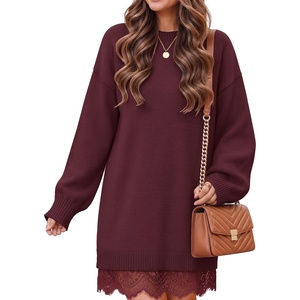 ZESICA Women’s Fall Striped Lace Trim Oversized Knit Sweater Dress(Burgundy)