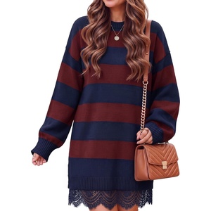 ZESICA Women’s Fall Striped Lace Trim Oversized Knit Sweater Dress(Dark Blue)