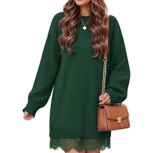 ZESICA Women’s Fall Striped Lace Trim Oversized Knit Sweater Dress(Dark Green)