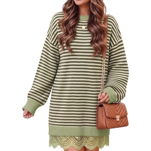 ZESICA Women’s Fall Striped Lace Trim Oversized Knit Sweater Dress(Green Stripe)