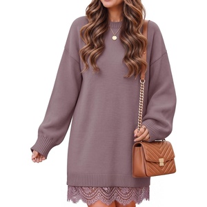 ZESICA Women’s Fall Striped Lace Trim Oversized Knit Sweater Dress(Purple)
