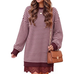 ZESICA Women’s Fall Striped Lace Trim Oversized Knit Sweater Dress(Stripe Wine)