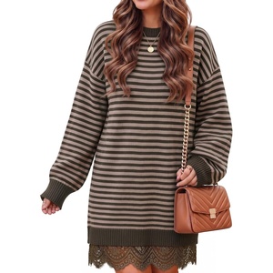 ZESICA Women’s Fall Striped Lace Trim Oversized Knit Sweater Dress(Striped Coffee)