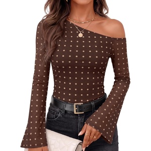 ZESICA Women’s Floral Off Shoulder Fall Long Sleeve Y2K Going Out Work Tops(Brown Polka Dot)