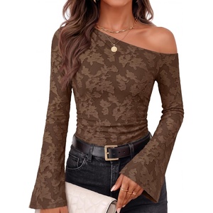 ZESICA Women’s Floral Off Shoulder Fall Long Sleeve Y2K Going Out Work Tops(Coffee)