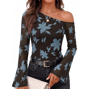 ZESICA Women’s Floral Off Shoulder Fall Long Sleeve Y2K Going Out Work Tops(Coffee Blue)