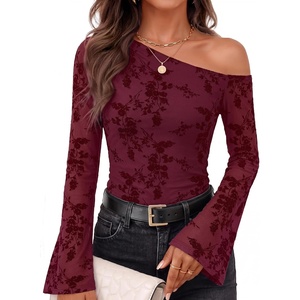 ZESICA Women’s Floral Off Shoulder Fall Long Sleeve Y2K Going Out Work Tops(Dark Red)