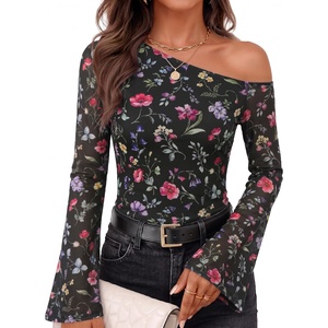 ZESICA Women’s Floral Off Shoulder Fall Long Sleeve Y2K Going Out Work Tops(Floral Black)