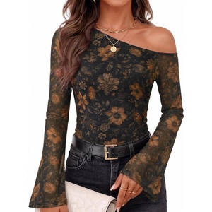 ZESICA Women’s Floral Off Shoulder Fall Long Sleeve Y2K Going Out Work Tops(Floral Gold)