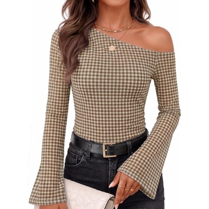 ZESICA Women’s Floral Off Shoulder Fall Long Sleeve Y2K Going Out Work Tops(Plaid Brown)