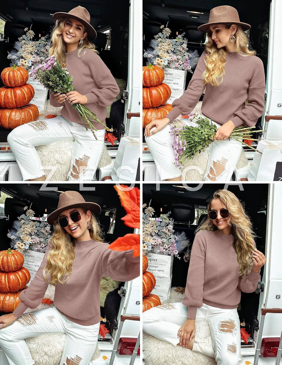 image:imageZESICA Womens Fall Fashion Turtleneck Long Sleeve Knit Oversized SweatersAlmond