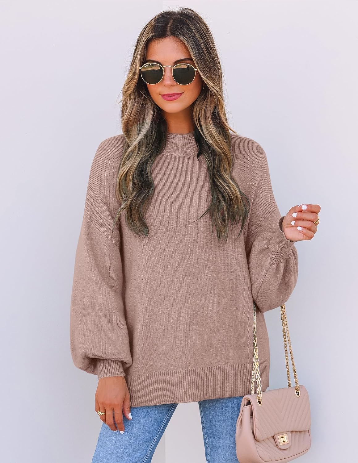 image:imageZESICA Womens Fall Fashion Turtleneck Long Sleeve Knit Oversized SweatersAlmond