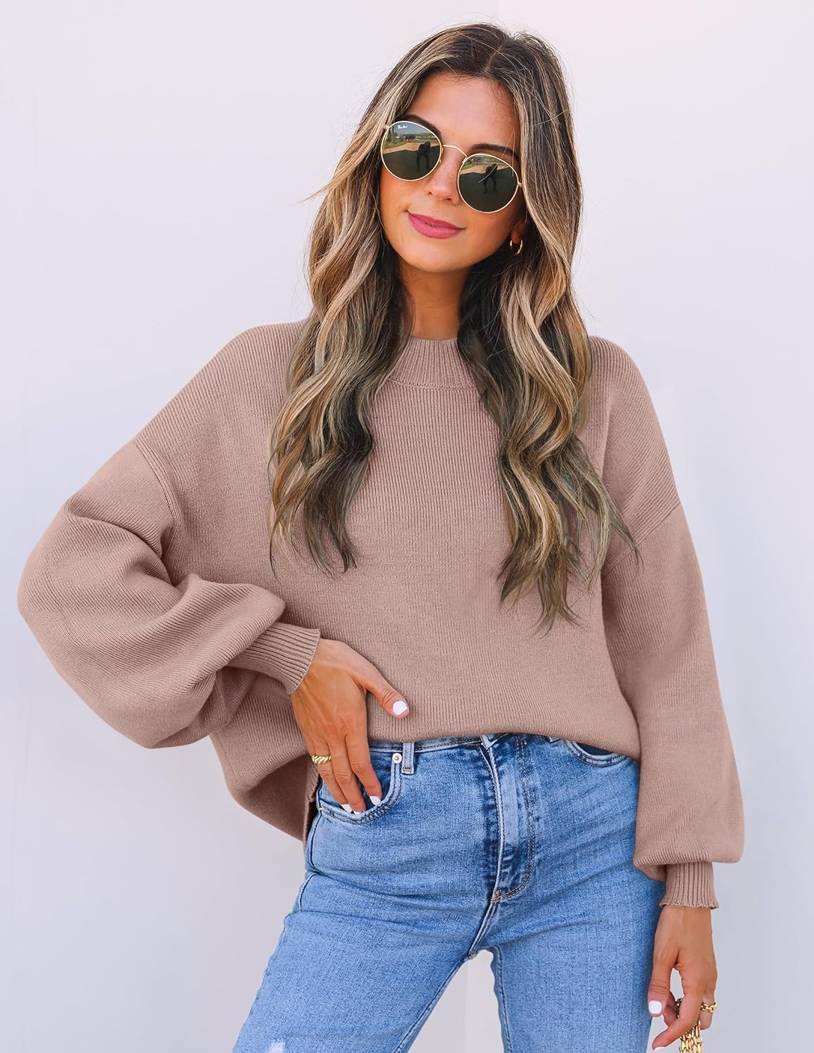 image:imageZESICA Womens Fall Fashion Turtleneck Long Sleeve Knit Oversized SweatersAlmond