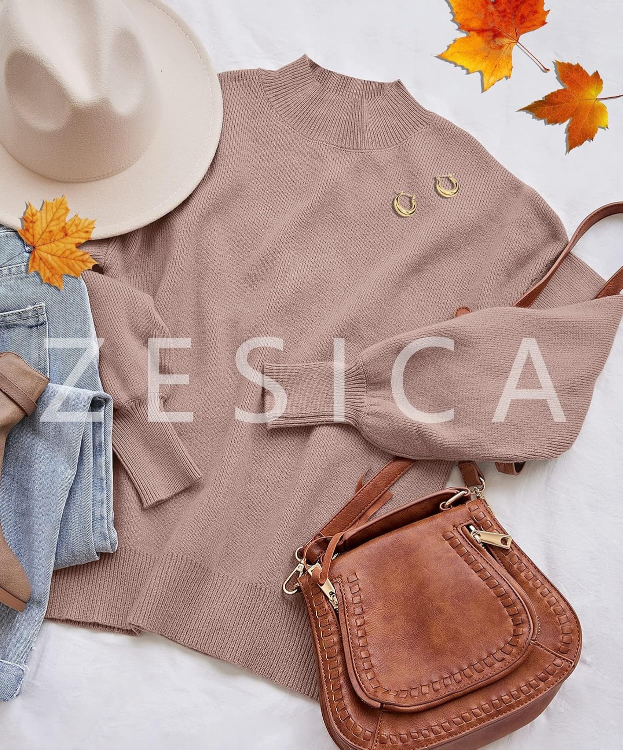 image:imageZESICA Womens Fall Fashion Turtleneck Long Sleeve Knit Oversized SweatersAlmond