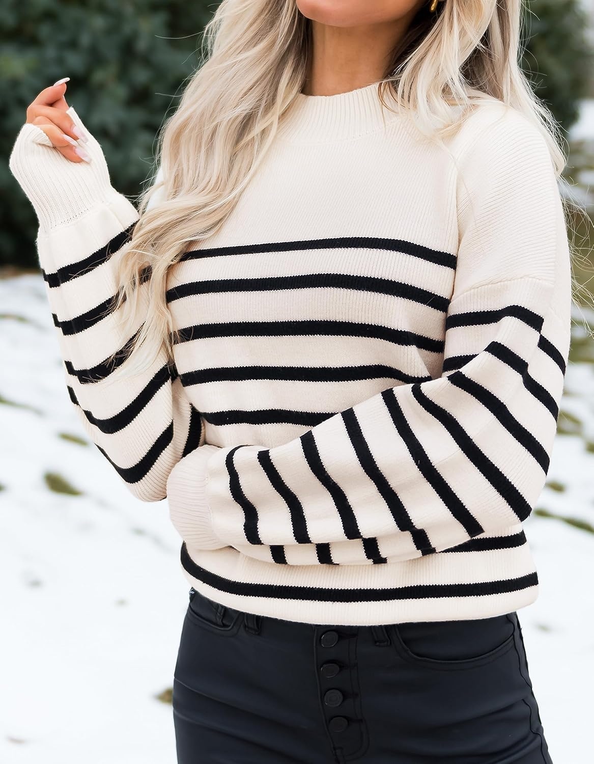 image:imageZESICA Womens Fall Fashion Turtleneck Long Sleeve Knit Oversized SweatersApricotstripe