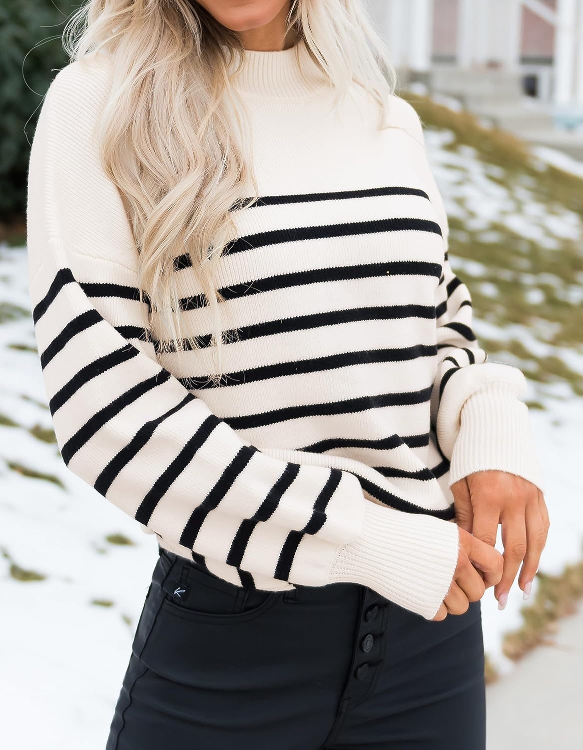 image:imageZESICA Womens Fall Fashion Turtleneck Long Sleeve Knit Oversized SweatersApricotstripe