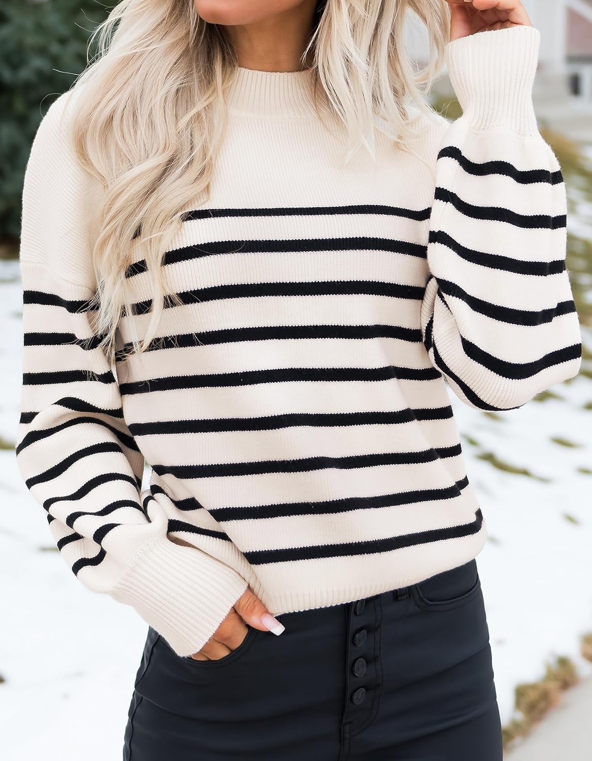 image:imageZESICA Womens Fall Fashion Turtleneck Long Sleeve Knit Oversized SweatersApricotstripe
