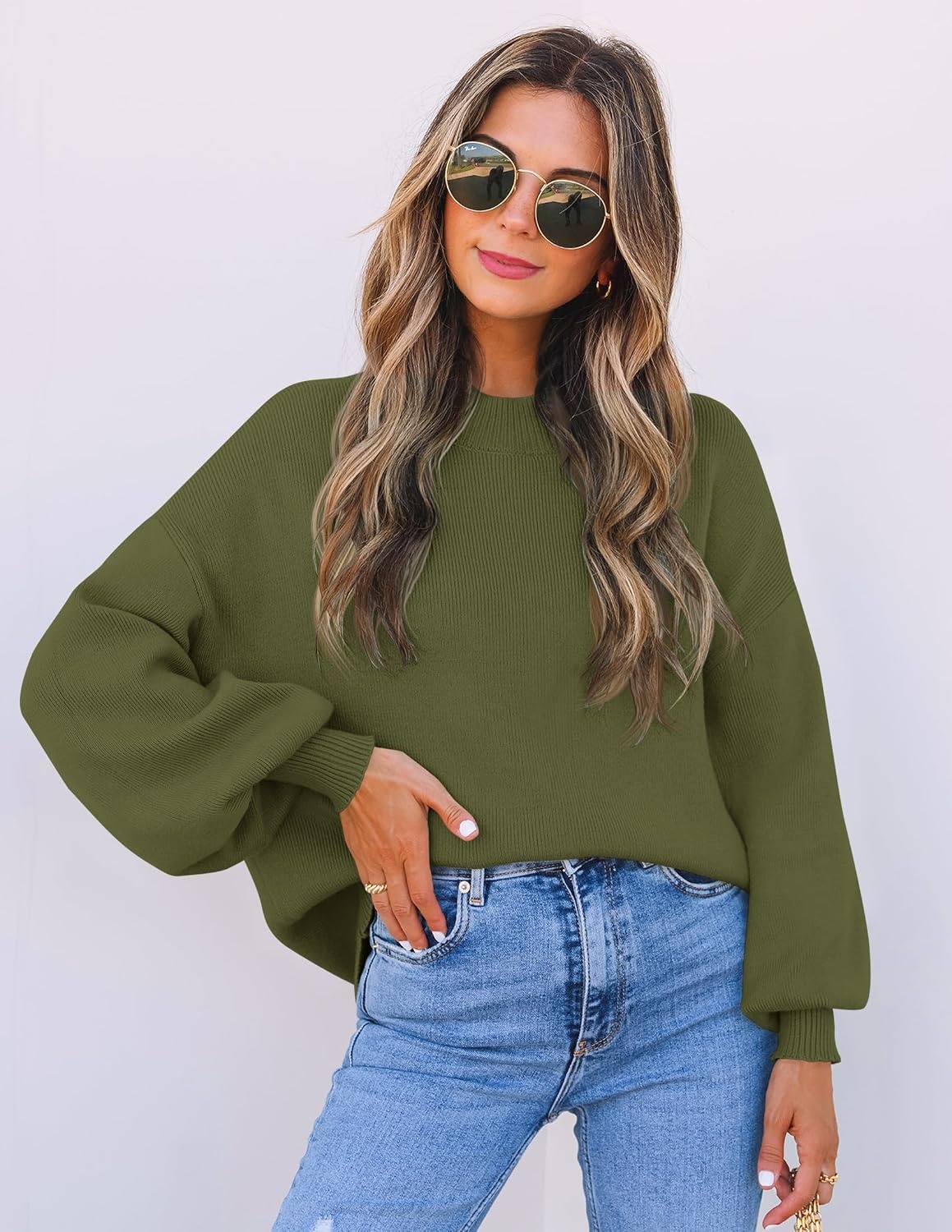 image:imageZESICA Womens Fall Fashion Turtleneck Long Sleeve Knit Oversized SweatersArmygreen