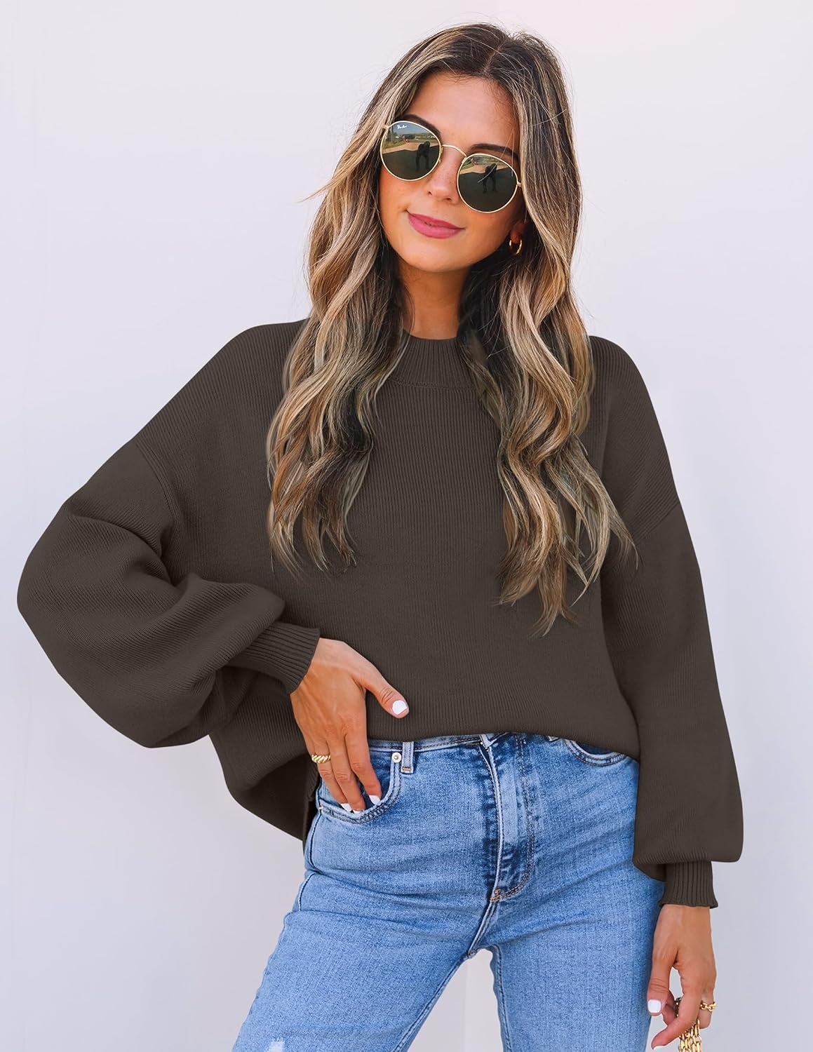 image:imageZESICA Womens Fall Fashion Turtleneck Long Sleeve Knit Oversized SweatersCoffee