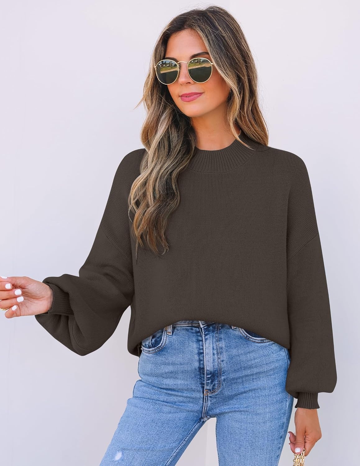 image:imageZESICA Womens Fall Fashion Turtleneck Long Sleeve Knit Oversized SweatersCoffee