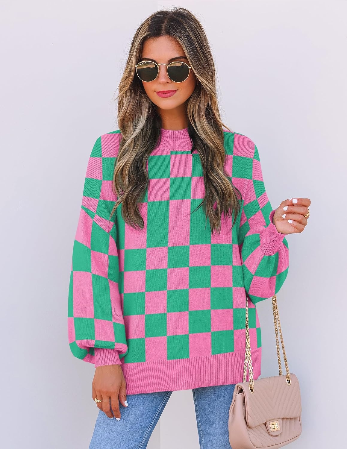 image:imageZESICA Womens Fall Fashion Turtleneck Long Sleeve Knit Oversized SweatersGreenplaid
