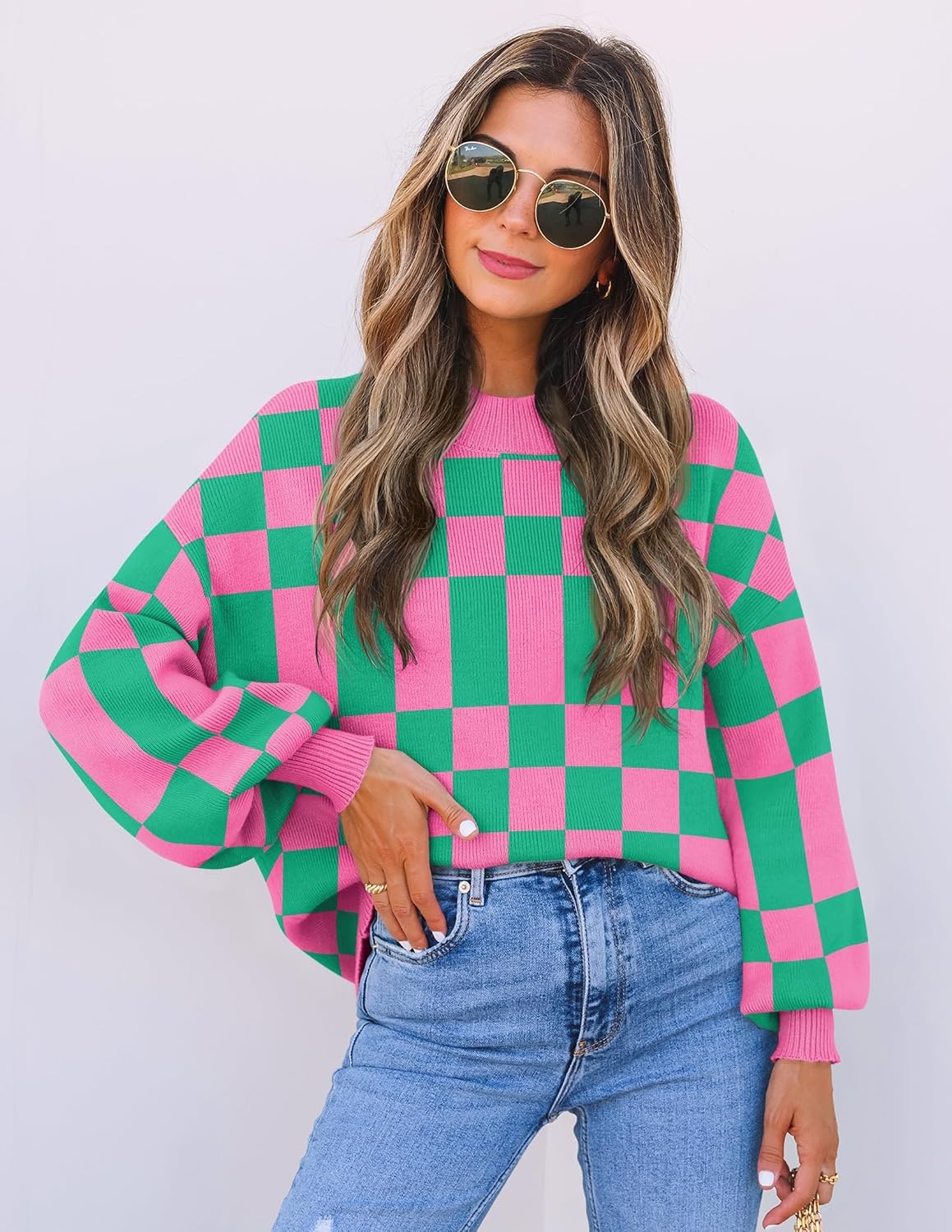 image:imageZESICA Womens Fall Fashion Turtleneck Long Sleeve Knit Oversized SweatersGreenplaid