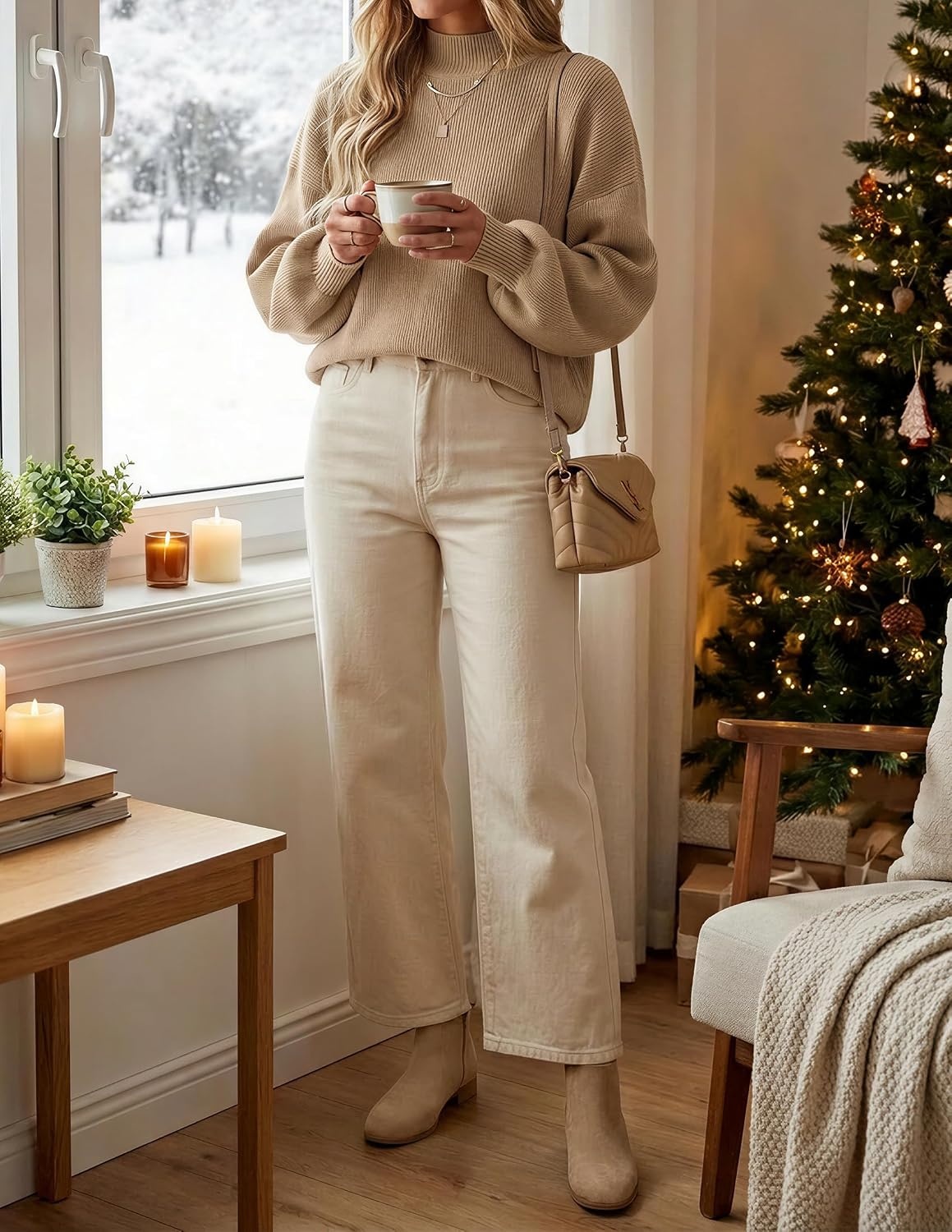 image:imageZESICA Womens Fall Fashion Turtleneck Long Sleeve Knit Oversized SweatersLightkhaki