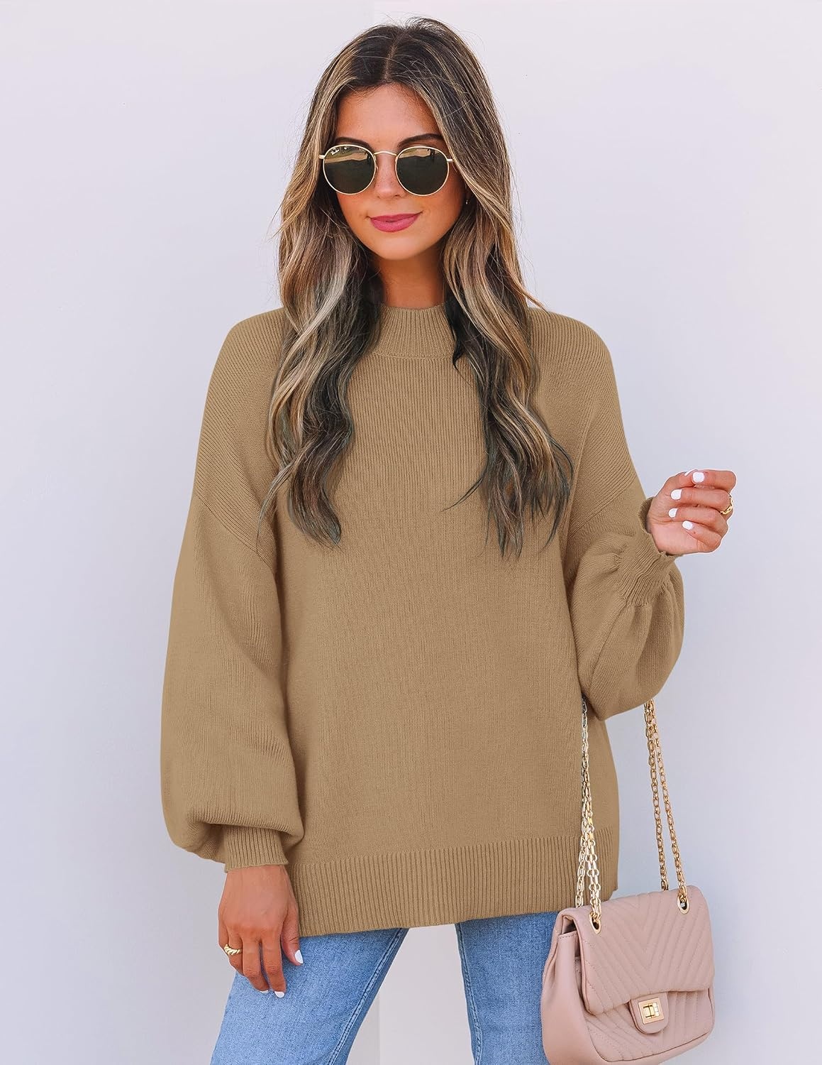 image:imageZESICA Womens Fall Fashion Turtleneck Long Sleeve Knit Oversized SweatersLightkhaki