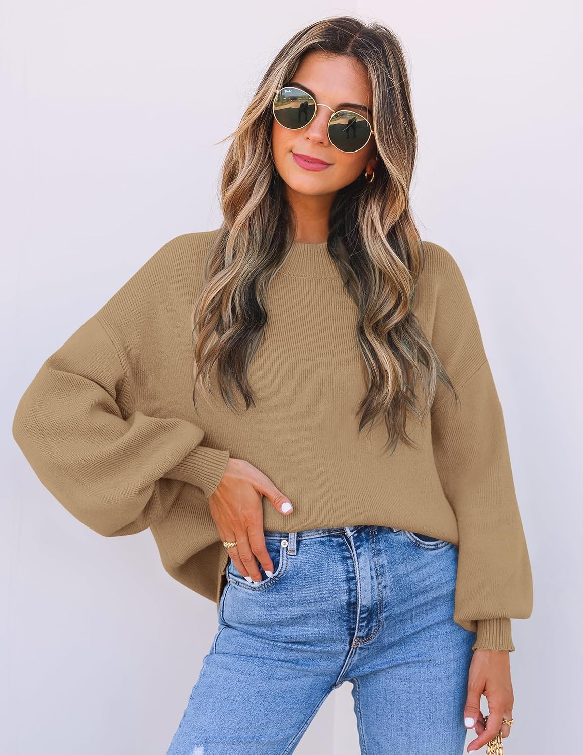 image:imageZESICA Womens Fall Fashion Turtleneck Long Sleeve Knit Oversized SweatersLightkhaki