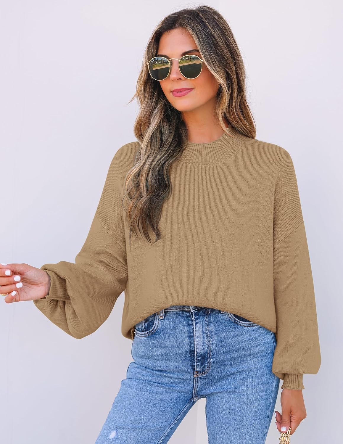 image:imageZESICA Womens Fall Fashion Turtleneck Long Sleeve Knit Oversized SweatersLightkhaki