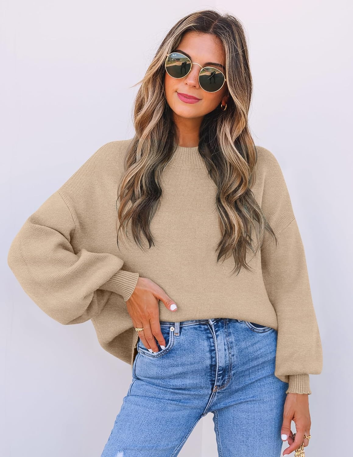 image:imageZESICA Womens Fall Fashion Turtleneck Long Sleeve Knit Oversized SweatersOatmeal