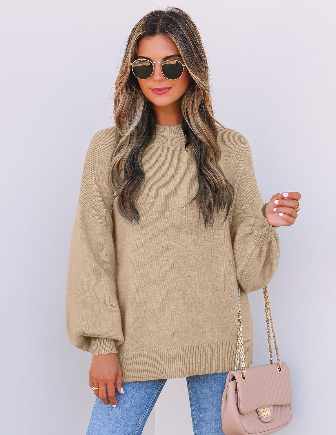 image:imageZESICA Womens Fall Fashion Turtleneck Long Sleeve Knit Oversized SweatersOatmeal