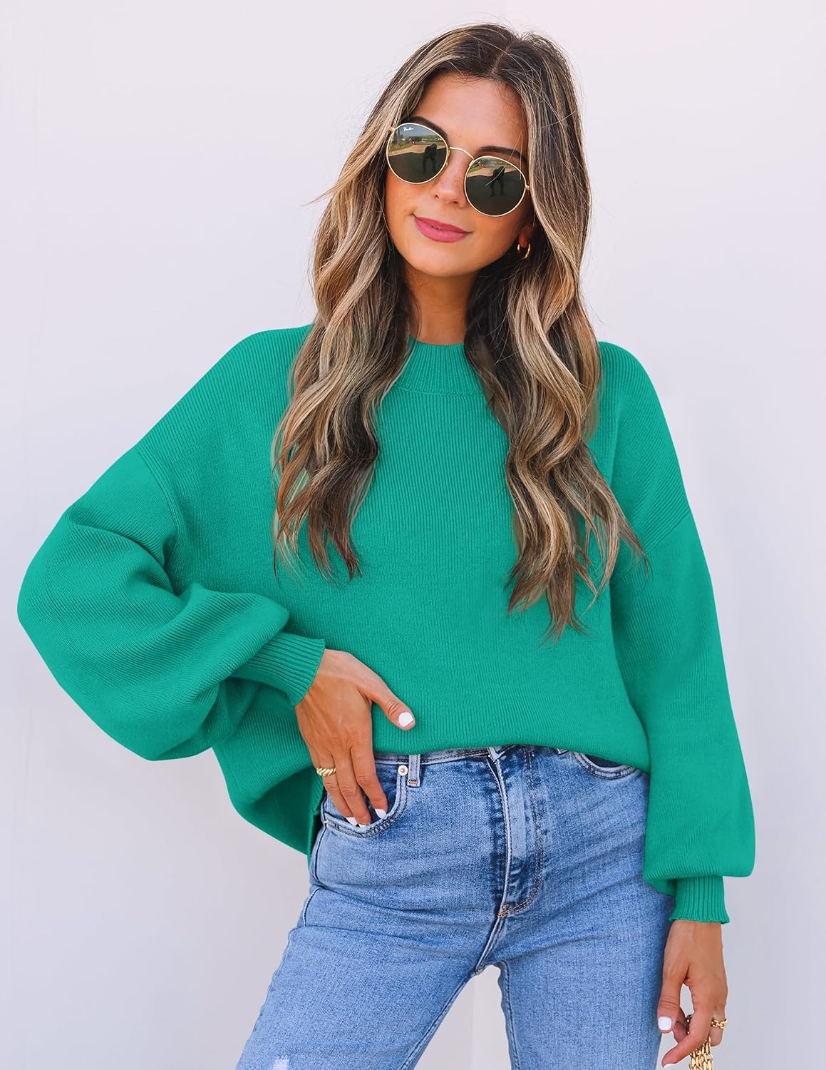 image:imageZESICA Womens Fall Fashion Turtleneck Long Sleeve Knit Oversized SweatersPeacock